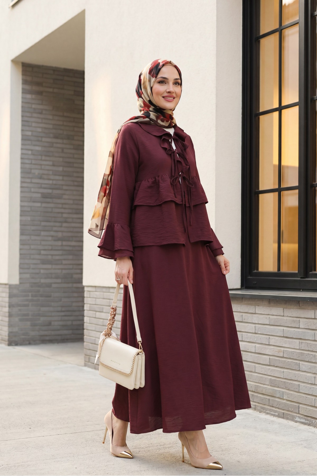 Cupra Kimono Set with Front Tie, Ruffles, Spanish Sleeves and Skirt -Damson