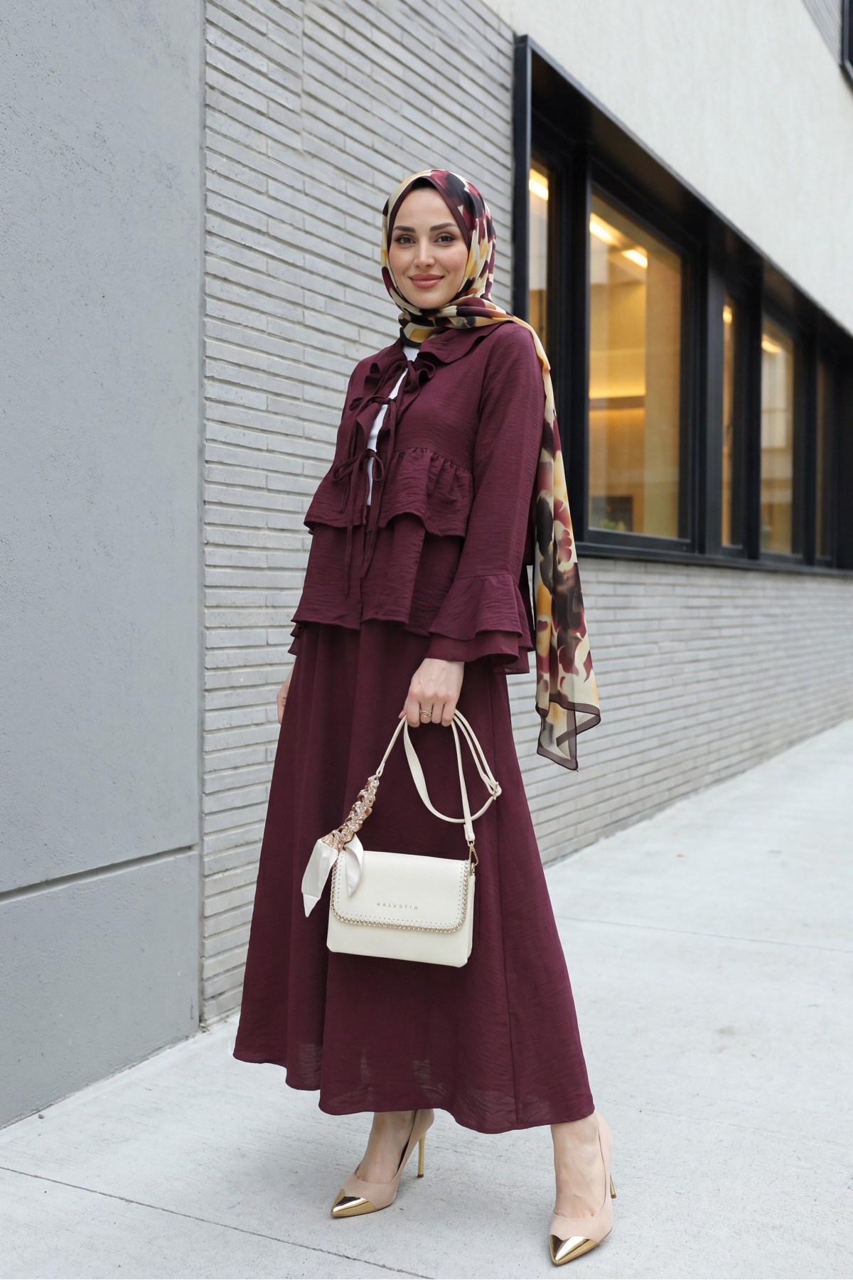 Cupra Kimono Set with Front Tie, Ruffles, Spanish Sleeves and Skirt -Damson