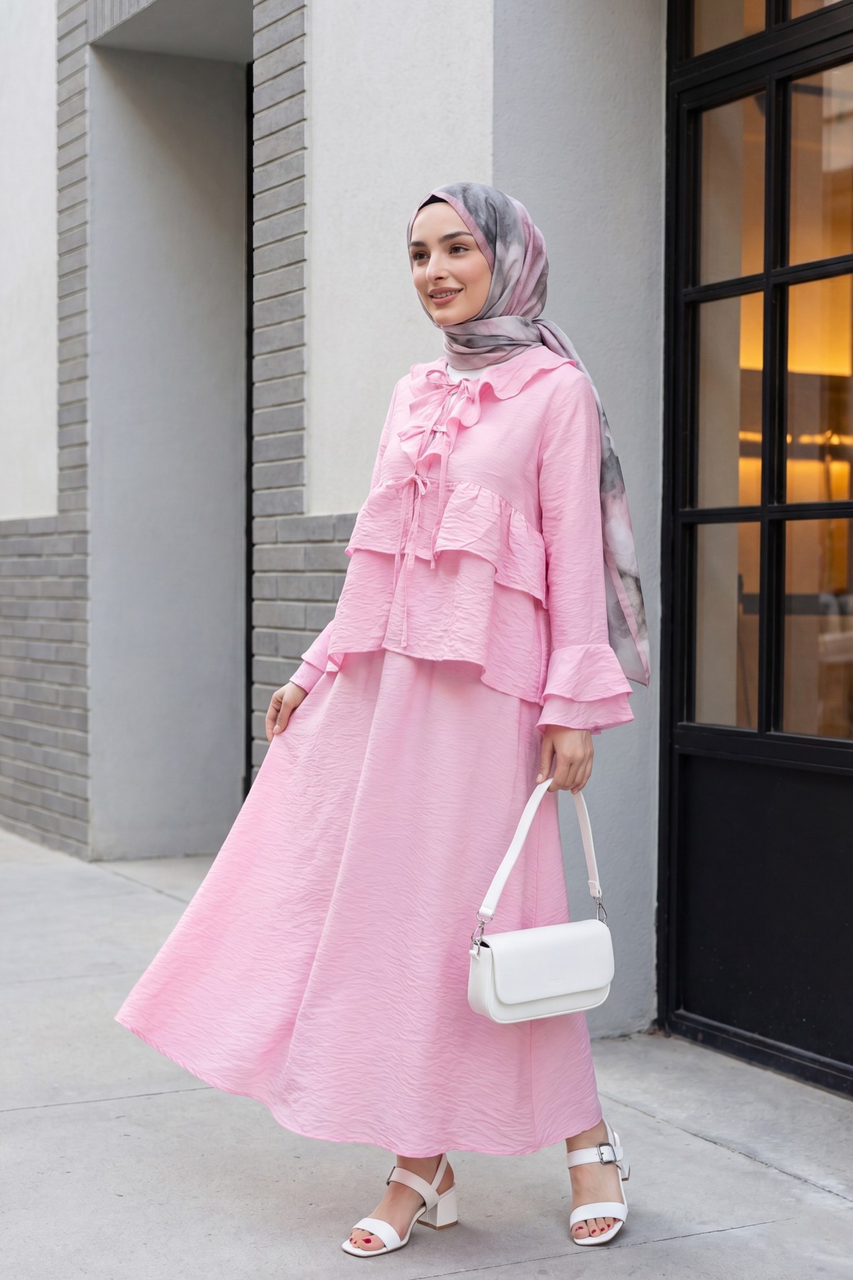 Cupra Kimono Set with Front Tie, Ruffles, Spanish Sleeves and Skirt -Pink