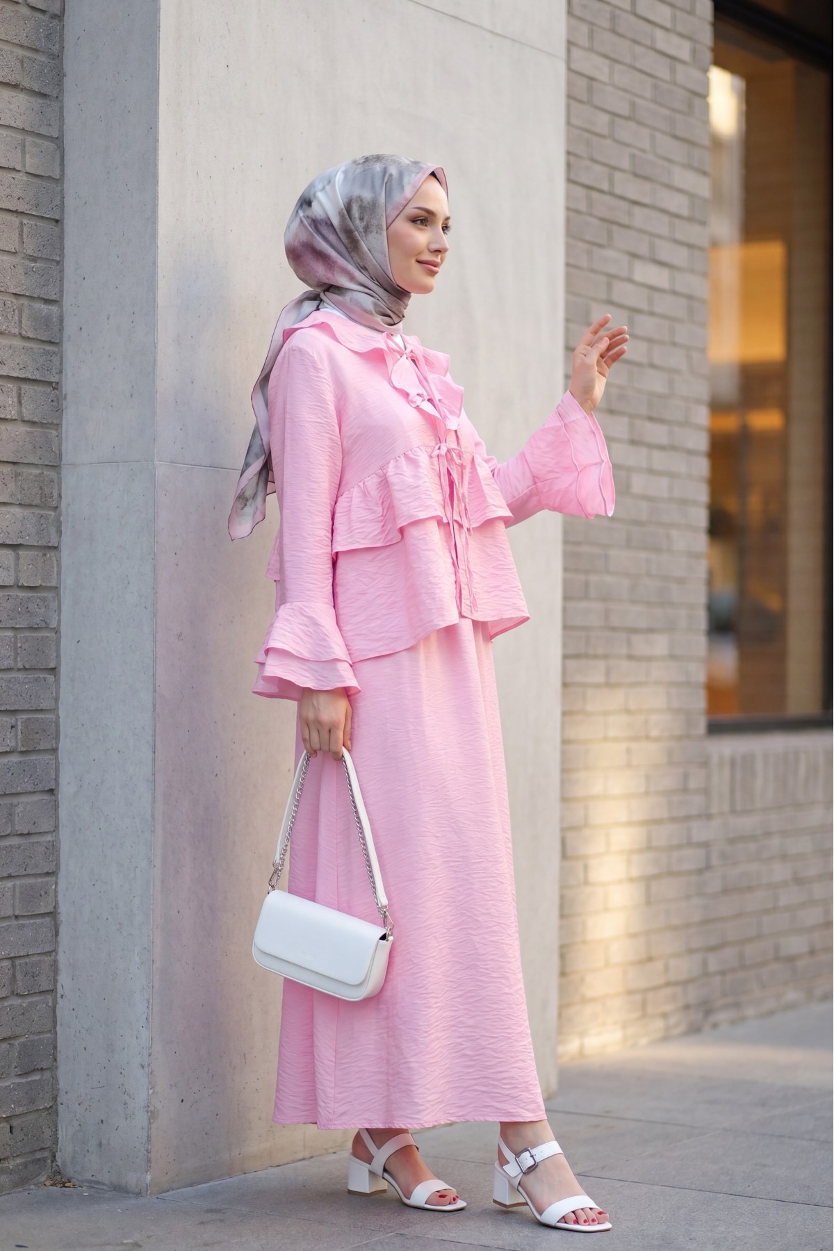 Cupra Kimono Set with Front Tie, Ruffles, Spanish Sleeves and Skirt -Pink