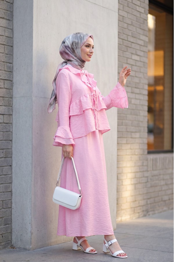 Cupra Kimono Set with Front Tie, Ruffles, Spanish Sleeves and Skirt -Pink