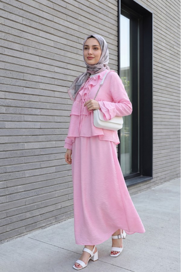 Cupra Kimono Set with Front Tie, Ruffles, Spanish Sleeves and Skirt -Pink