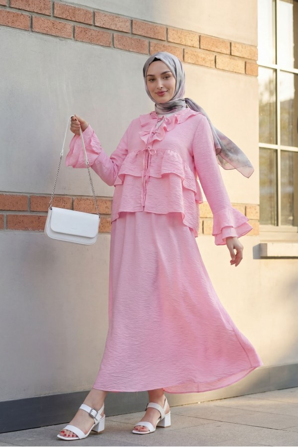 Cupra Kimono Set with Front Tie, Ruffles, Spanish Sleeves and Skirt -Pink