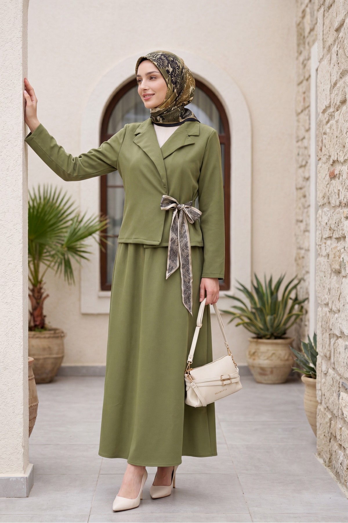 Shirt Collar Side Tie Skirt Double Set -Khaki