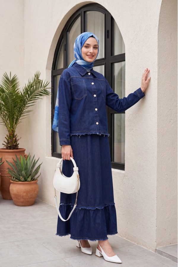 Shirt Collar Double Pocket Buttoned Denim Suit with Fringed Hem -dark lacquer