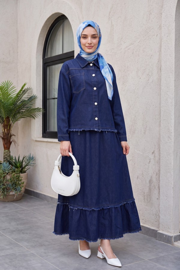 Shirt Collar Double Pocket Buttoned Denim Suit with Fringed Hem -dark lacquer