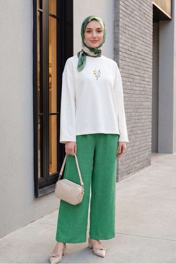 Wide-leg pleated linen-look trousers with elasticated waist. -LIGHT GREEN