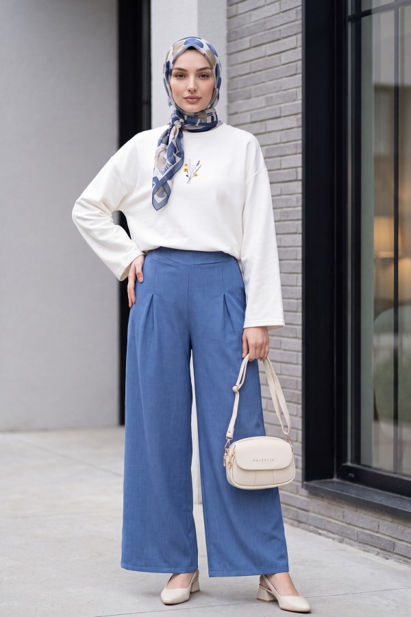 Wide-leg pleated linen-look trousers with elasticated waist. -İndigo