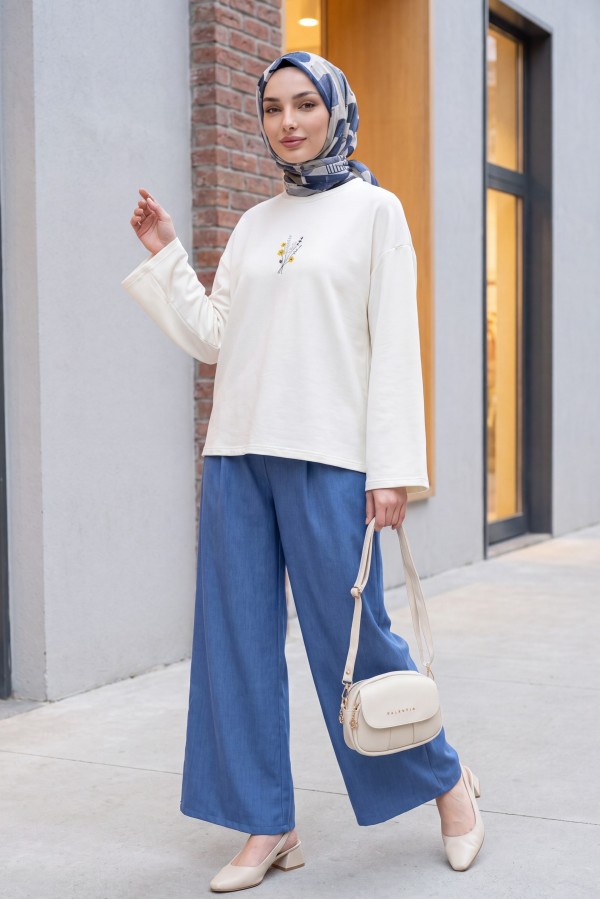 Wide-leg pleated linen-look trousers with elasticated waist. -İndigo