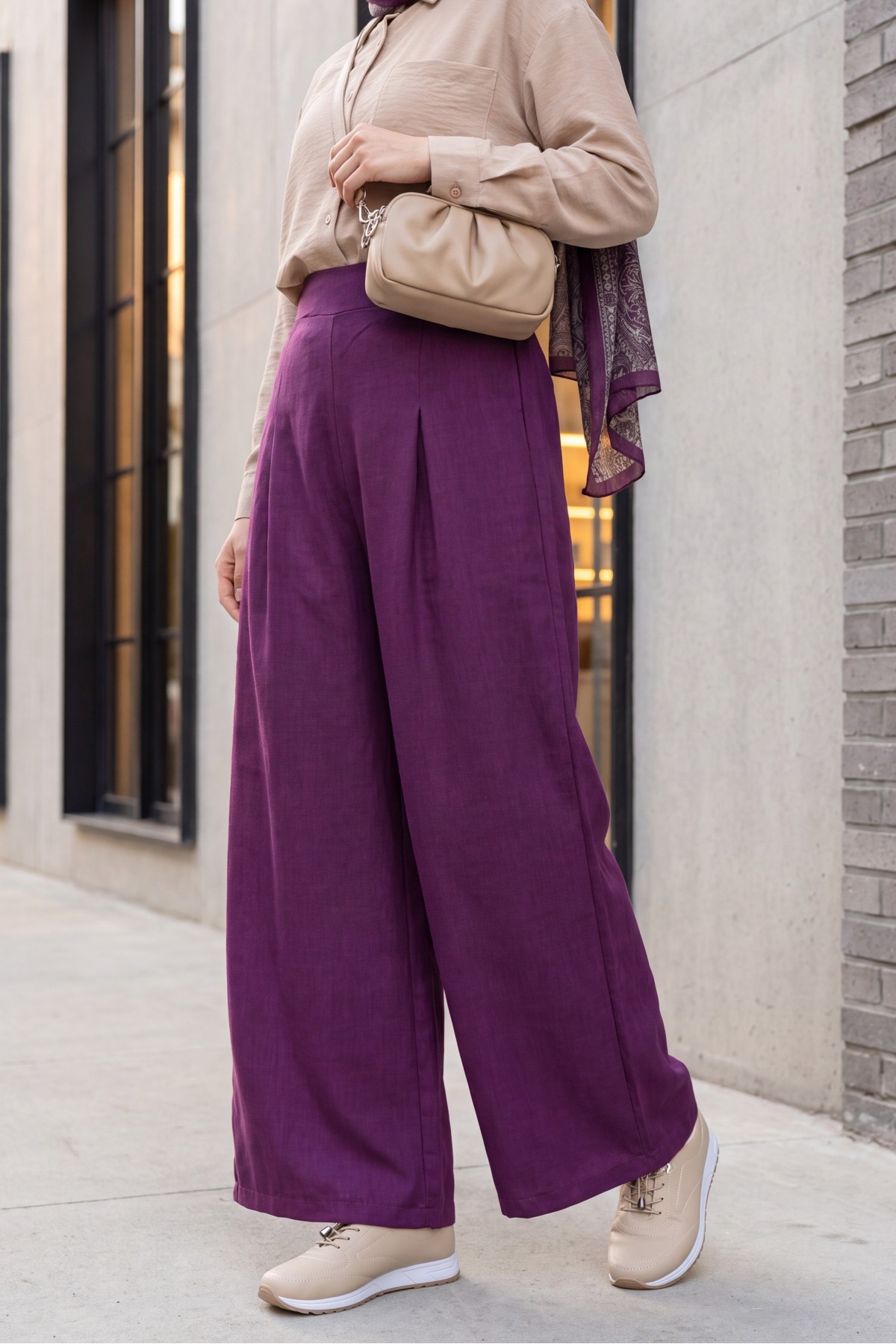 Wide-leg pleated linen-look trousers with elasticated waist. -Damson