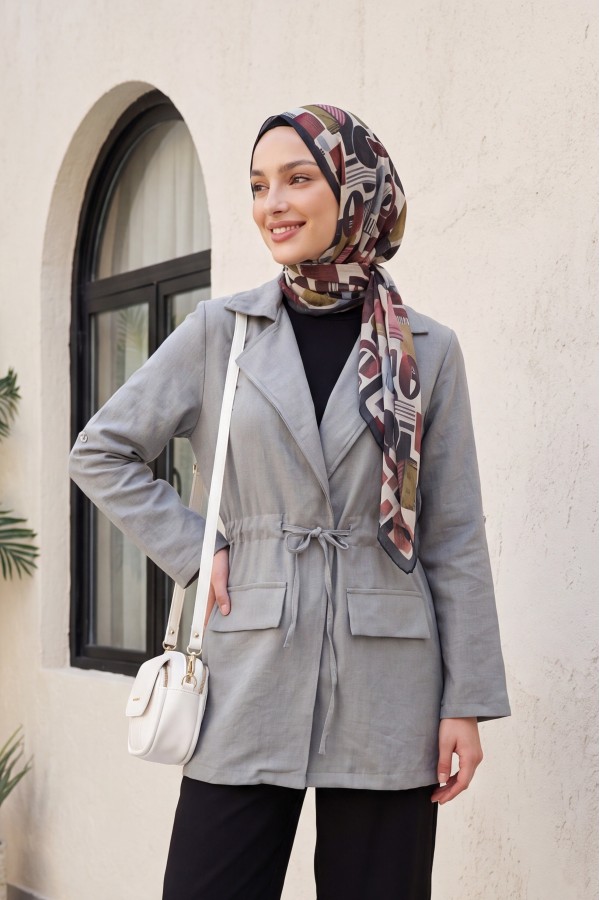 Tünel Bağcıklı Cep Detaylı Keten Görünümlü Kimono -Açık Gri