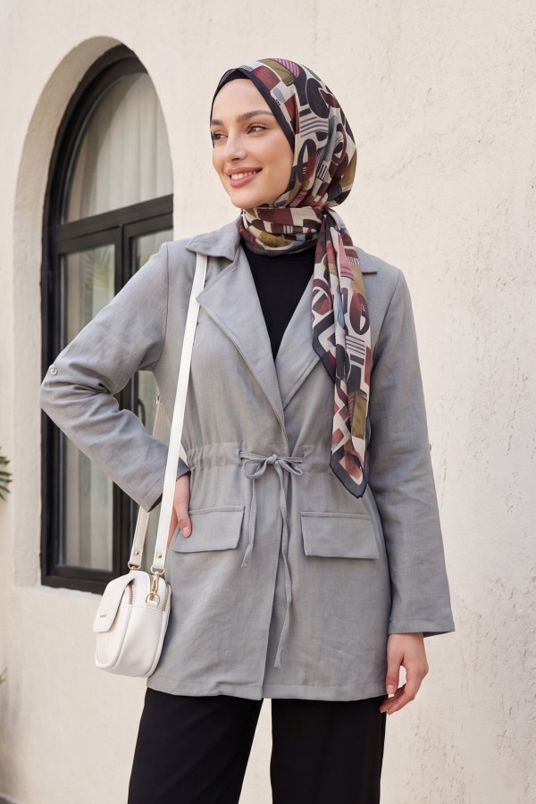 Linen-look kimono with tunnel lace-up detail and pockets. - Light grey