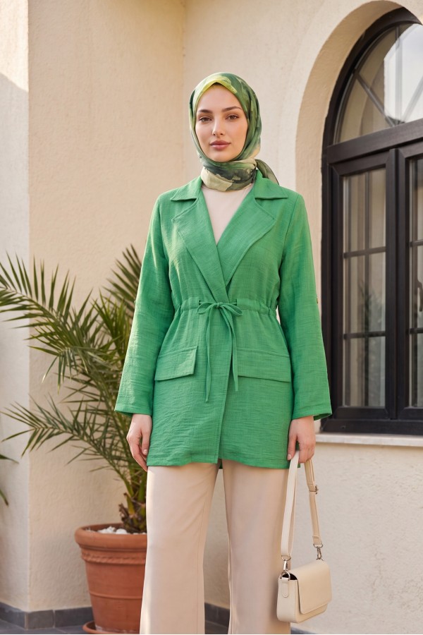 Tünel Bağcıklı Cep Detaylı Keten Görünümlü Kimono -Acık Yeşil