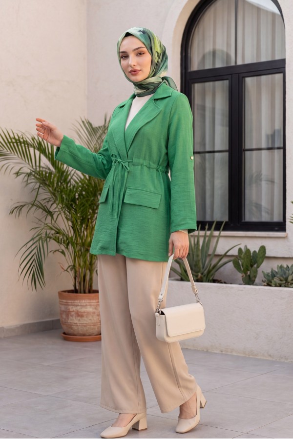 Linen-look kimono with tunnel lace-up detail and pockets. -LIGHT GREEN