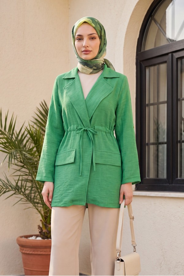 Linen-look kimono with tunnel lace-up detail and pockets. -LIGHT GREEN