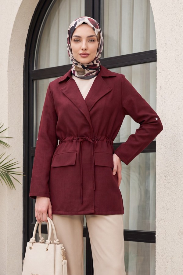 Linen-look kimono with tunnel lace-up detail and pockets. -Maroon