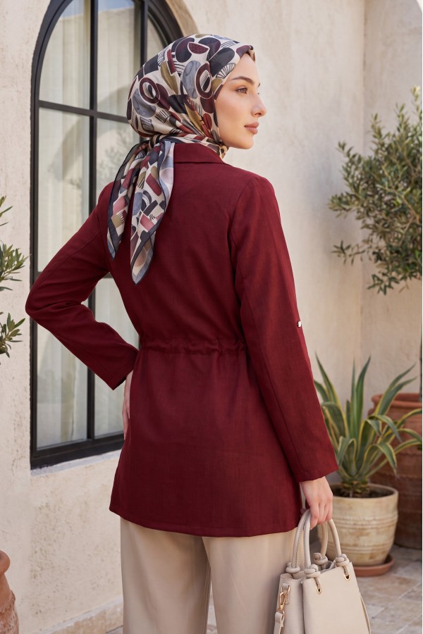 Linen-look kimono with tunnel lace-up detail and pockets. -Maroon