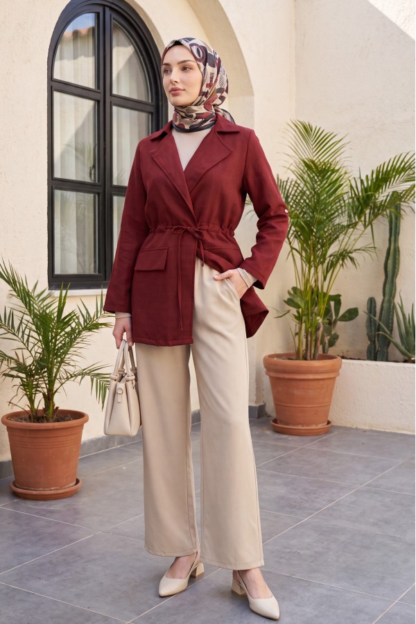 Linen-look kimono with tunnel lace-up detail and pockets. -Maroon
