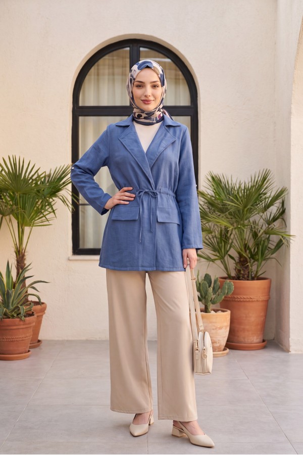 Tünel Bağcıklı Cep Detaylı Keten Görünümlü Kimono -İndigo