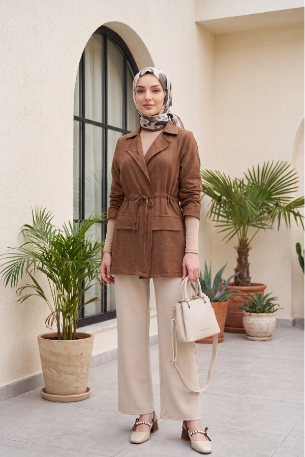 Tünel Bağcıklı Cep Detaylı Keten Görünümlü Kimono -Kahverengi