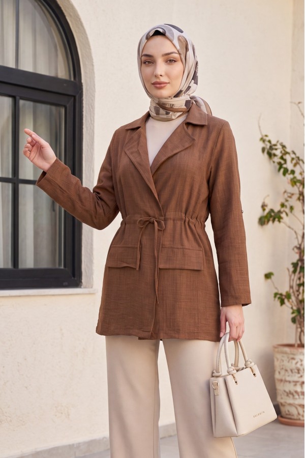 Linen-look kimono with tunnel lace-up detail and pockets. -Brown