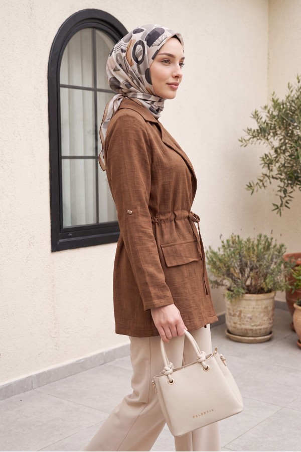 Linen-look kimono with tunnel lace-up detail and pockets. -Brown