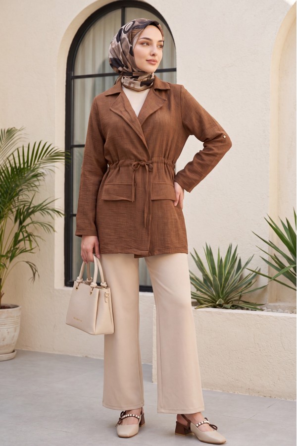Linen-look kimono with tunnel lace-up detail and pockets. -Brown