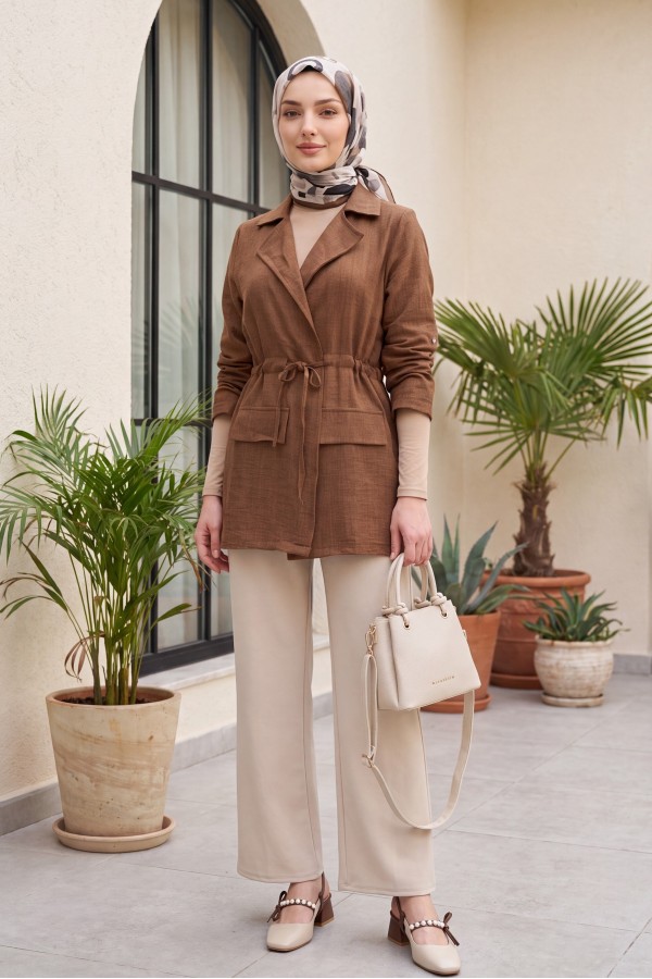 Linen-look kimono with tunnel lace-up detail and pockets. -Brown