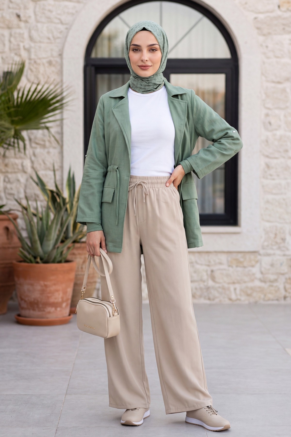 Tünel Bağcıklı Cep Detaylı Keten Görünümlü Kimono -Mint detay görseli