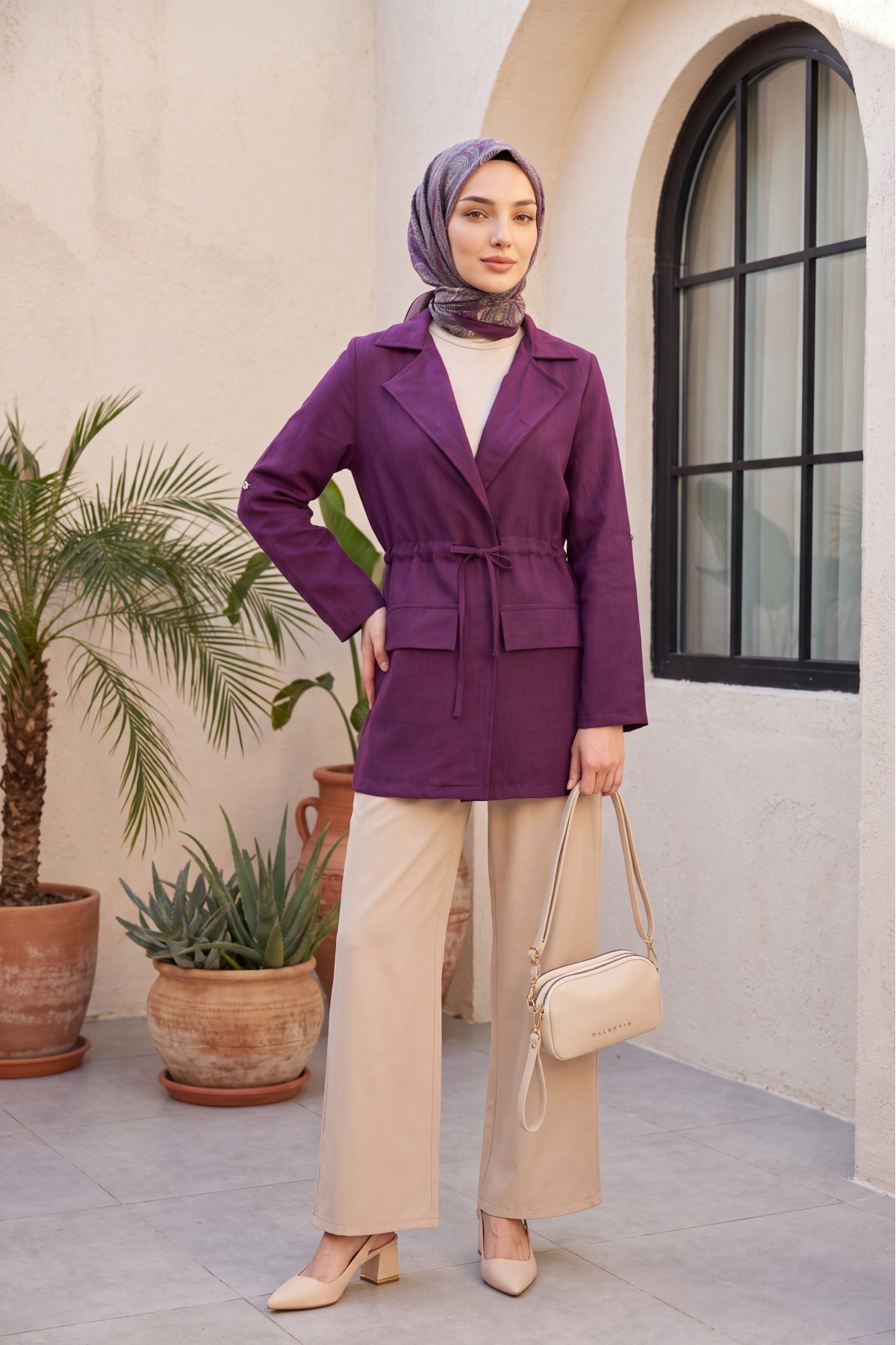 Linen-look kimono with tunnel lace-up detail and pockets. -Damson