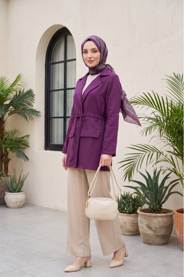 Tünel Bağcıklı Cep Detaylı Keten Görünümlü Kimono -Mürdüm