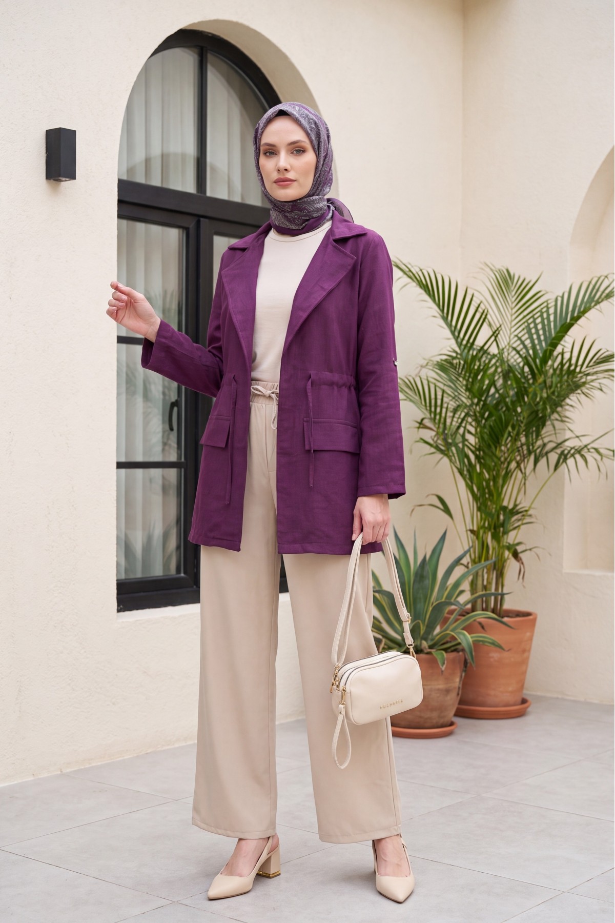 Linen-look kimono with tunnel lace-up detail and pockets. -Damson