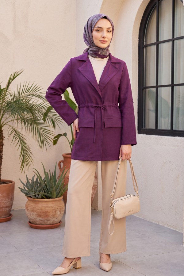 Linen-look kimono with tunnel lace-up detail and pockets. -Damson