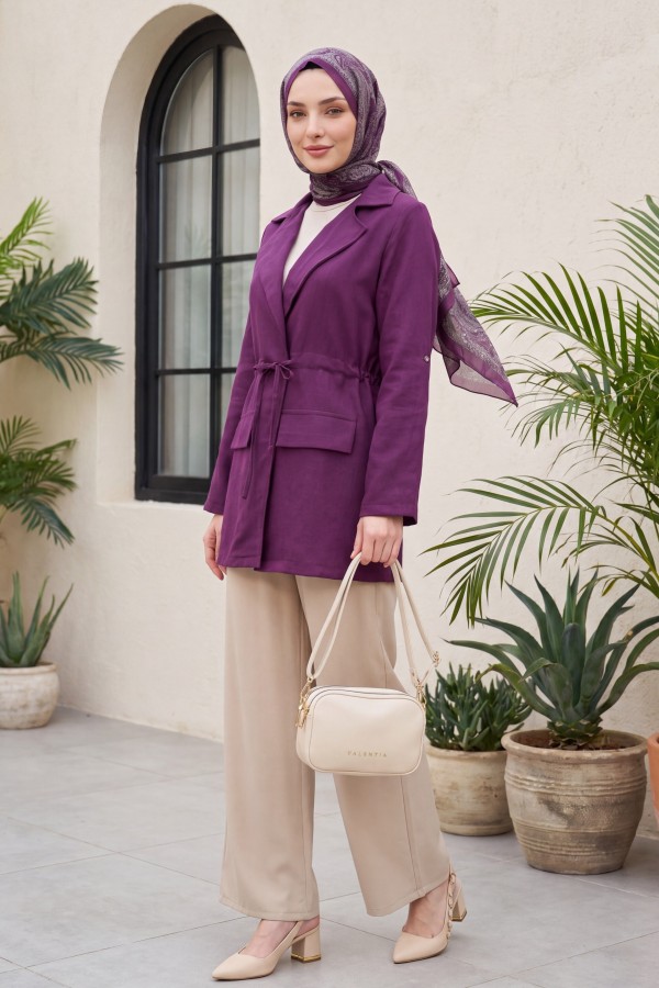 Linen-look kimono with tunnel lace-up detail and pockets. -Damson