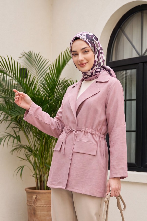 Tünel Bağcıklı Cep Detaylı Keten Görünümlü Kimono -Pudra