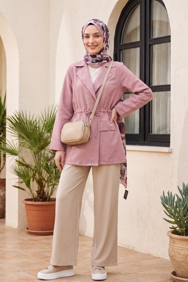 Linen-look kimono with tunnel lace-up detail and pockets. -Powder