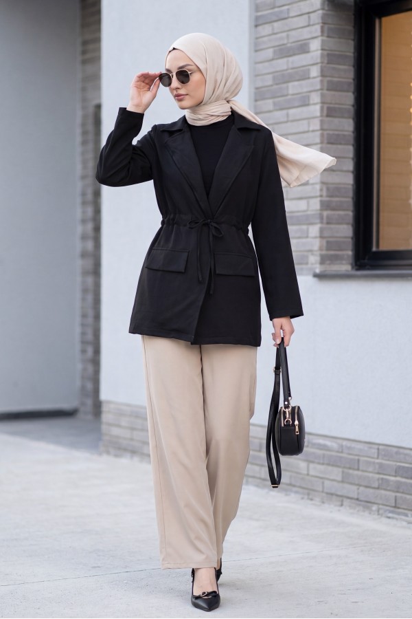 Linen-look kimono with tunnel lace-up detail and pockets. -Black