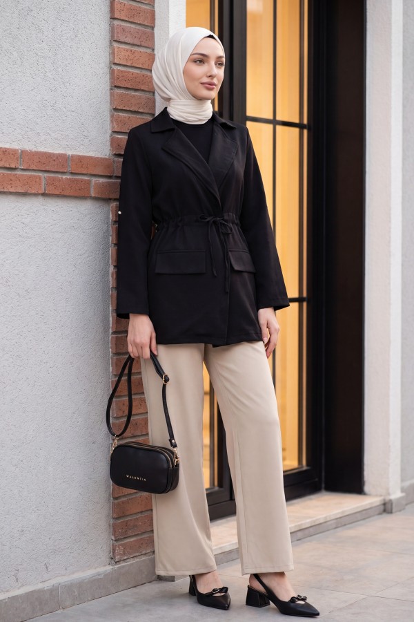 Linen-look kimono with tunnel lace-up detail and pockets. -Black