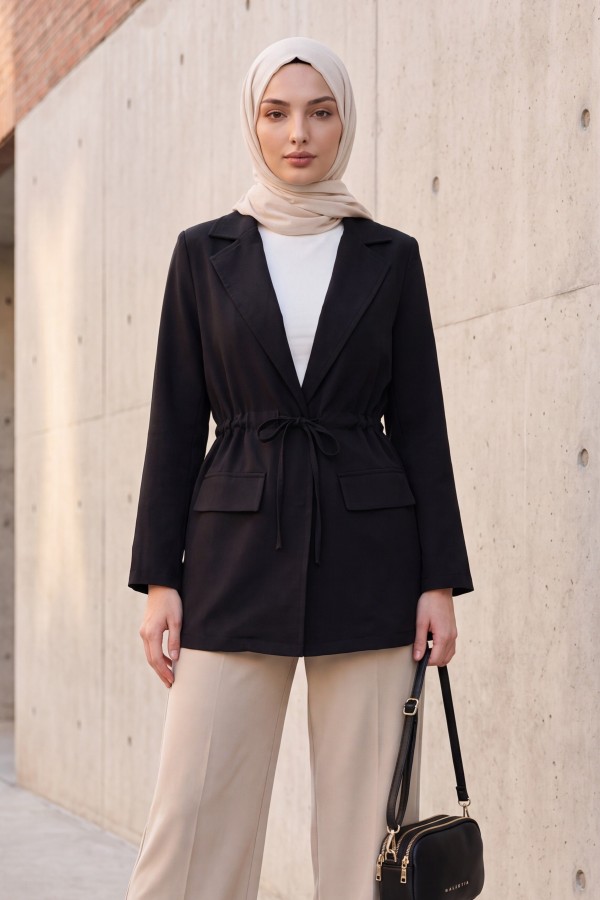 Linen-look kimono with tunnel lace-up detail and pockets. -Black