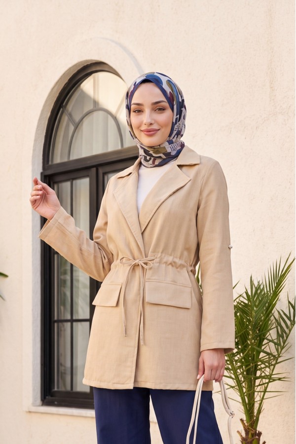 Linen-look kimono with tunnel lace-up detail and pockets. -Mink color