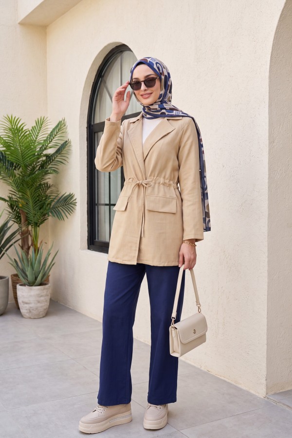 Linen-look kimono with tunnel lace-up detail and pockets. -Mink color