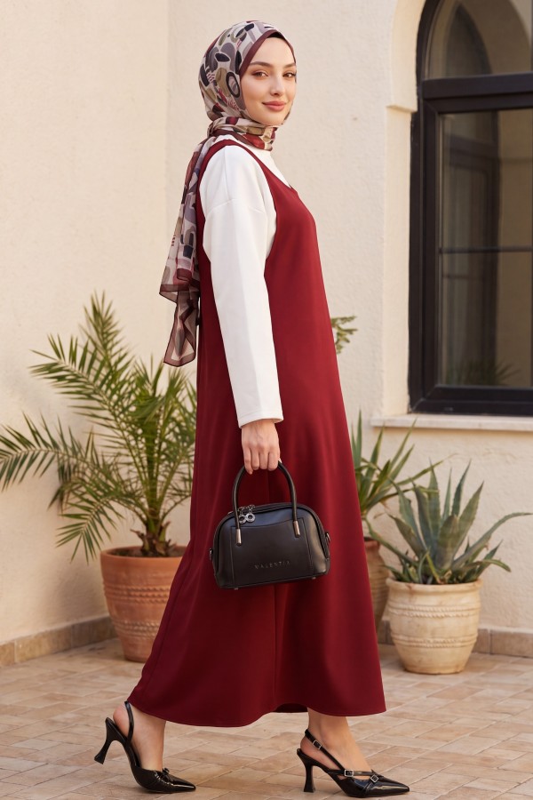 Stand-up collar long-sleeved blouse and double crepe vest set -Maroon