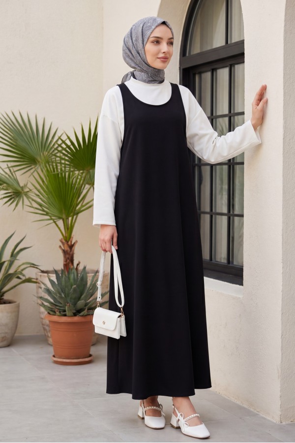 Stand-up collar long-sleeved blouse and double crepe vest set -Black