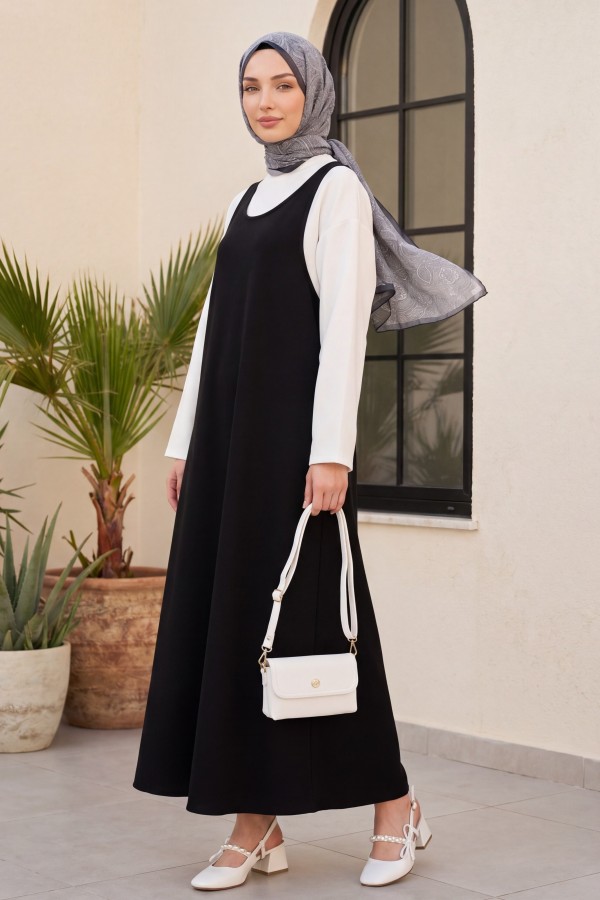Stand-up collar long-sleeved blouse and double crepe vest set -Black
