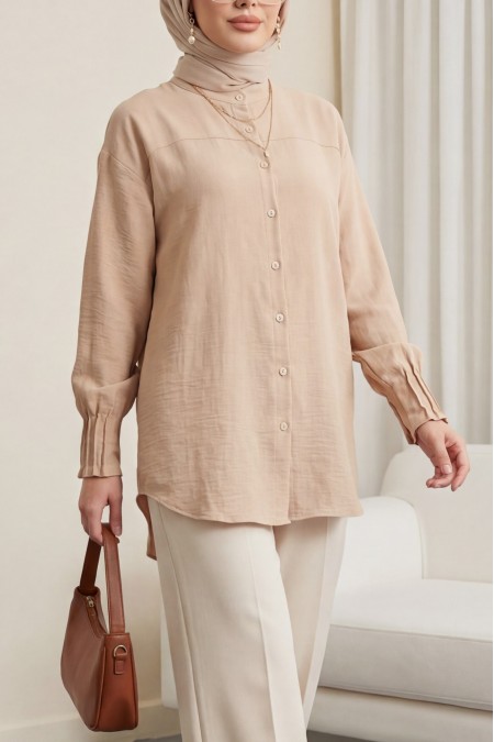 Kol Manşeti Drapeli Oval Kesim Gömlek -Açık Vizon