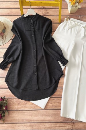 قميص بيضاوي الشكل ملفوف بأكمام الكفة -أسود