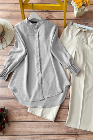 Kol Manşeti Drapeli Oval Kesim Gömlek  -Gri
