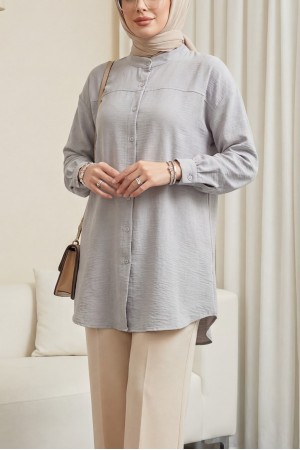 Kol Manşeti Drapeli Oval Kesim Gömlek  -Gri