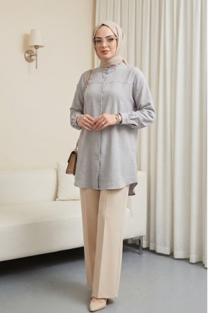 Sleeve Cuff Draped Oval Cut Shirt  -Grey