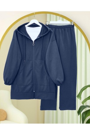 Zippered Hooded Combed Cotton Set -İndigo